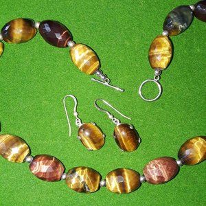 Large Tigers Eye gemstone necklace and earring set
